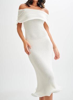 One collar waist cinched patchwork dress一字领收腰拼接连衣裙