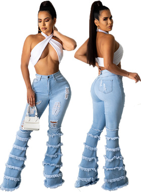 Broken hole splicing frayed micro flared pants破洞毛边微喇裤