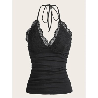 Vneck lace camisole hanging neck vestv领蕾丝吊带露背挂脖背心