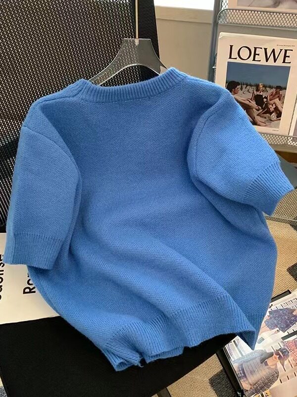 CLEARANCE LEAKAGE BLUE FLOWER PUFF SLEEVE SWEATER WOMENS NEW SUMMER SHORT-SLEEVED KNITWEAR AGE REDUCTION TOP