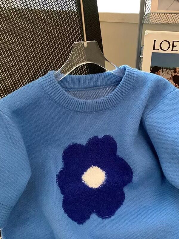 CLEARANCE LEAKAGE BLUE FLOWER PUFF SLEEVE SWEATER WOMENS NEW SUMMER SHORT-SLEEVED KNITWEAR AGE REDUCTION TOP