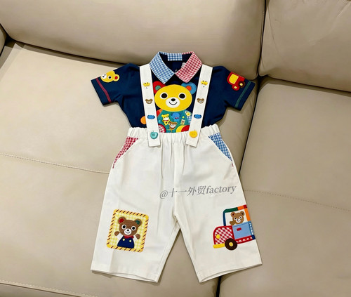 日系童装夏季新款卡通可爱小熊满印短袖T恤上衣背带短裤套装