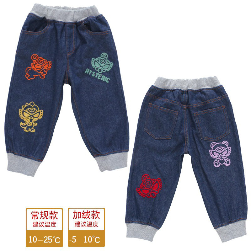日系奶嘴牛仔裤春秋冬新款男童卡通可爱黑超印花抓绒长裤保暖裤