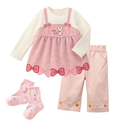 日系童装女童小兔骑车长袖T恤春秋新款宝宝可爱花边上衣裤子套装