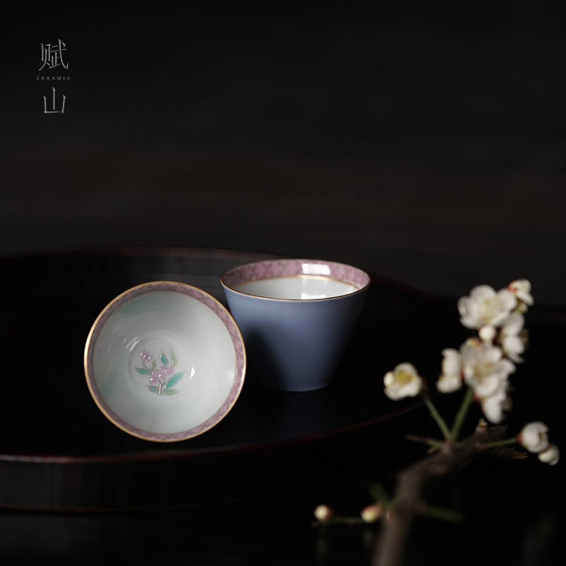 小白茶具//赋山堂云山蓝碧桃主人杯功夫茶具手绘粉彩手工茶杯单杯