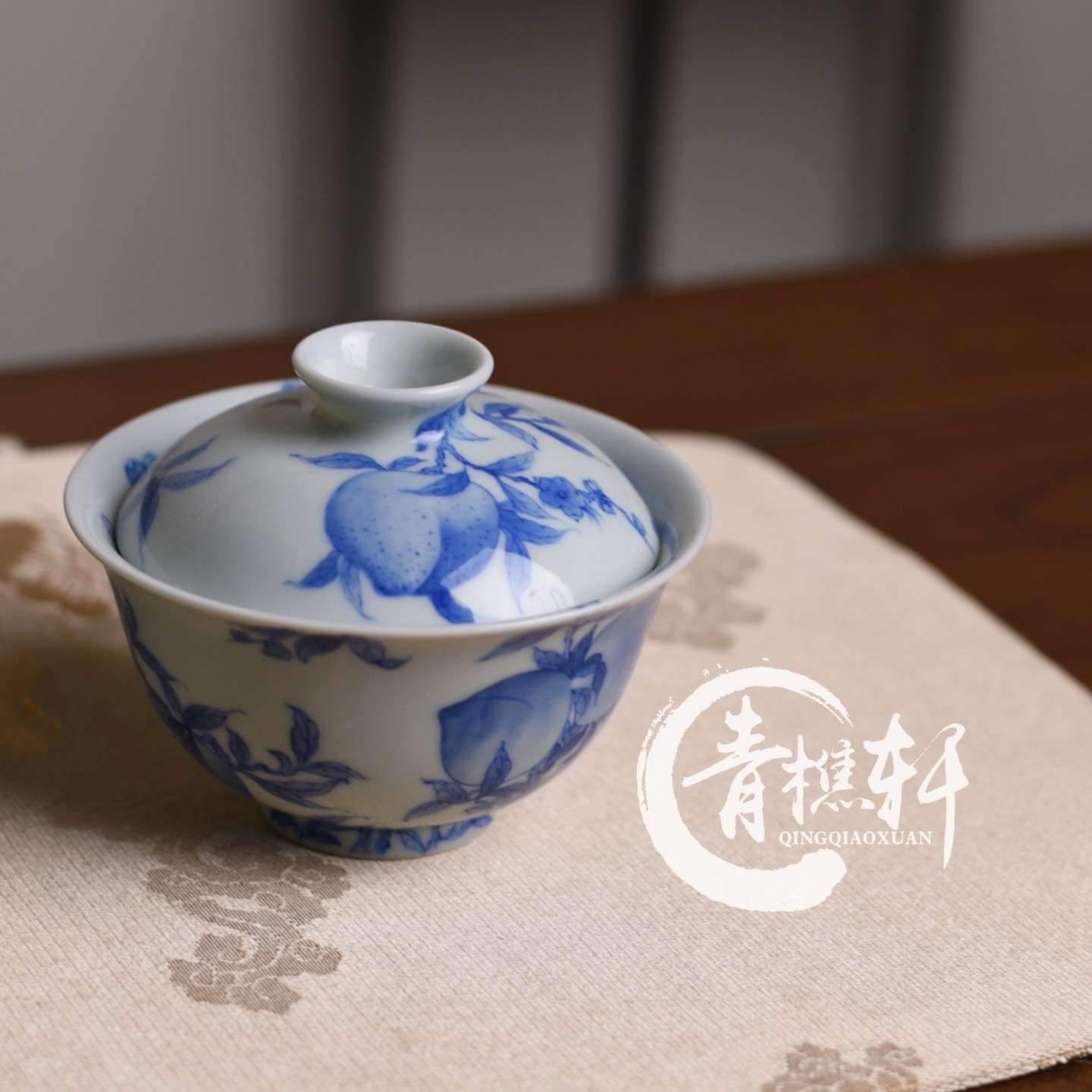 小白茶具//青樵轩青花寿桃盖碗淡描青花泡茶器景德镇手工手绘茶器