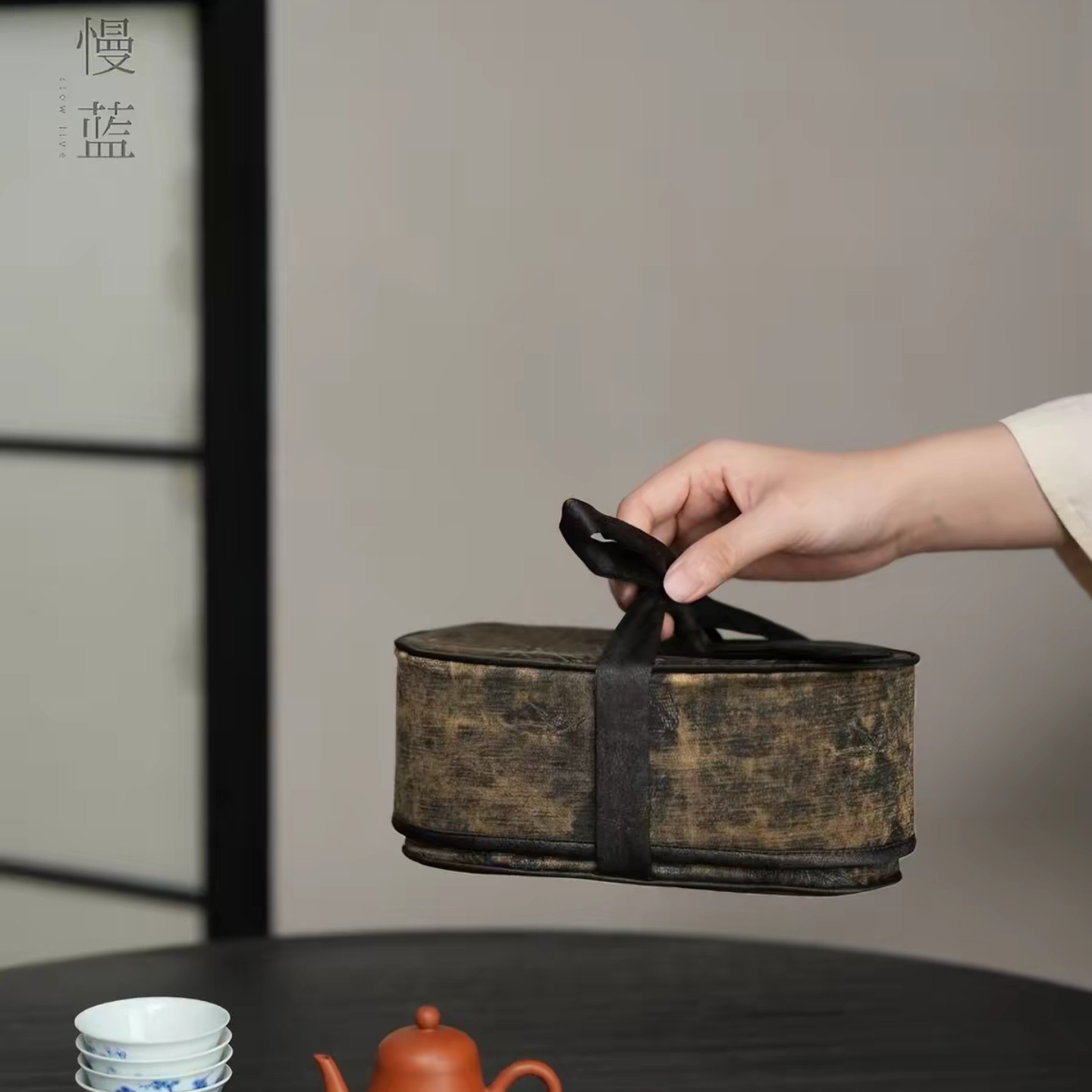 小白茶具//慢蓝香云纱茶事包便携式户外茶包手工布艺茶具收纳包