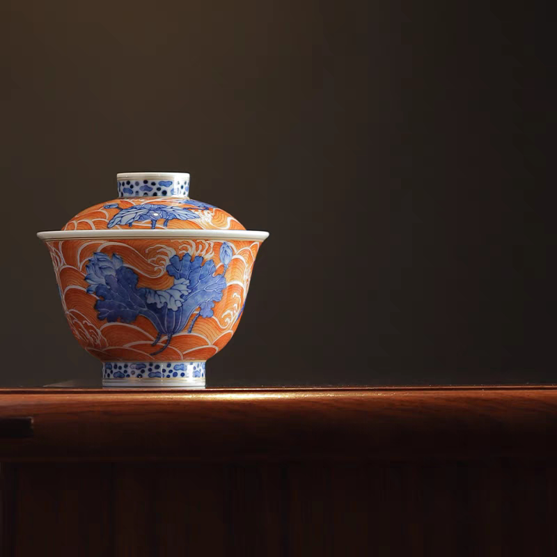 小白茶具//忘言造物青花矾红荷塘清趣茶碗景德镇手工手绘陶瓷茶器