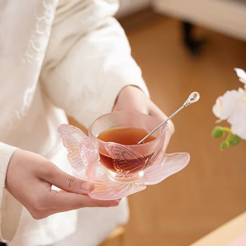 小白茶具//心缘甄琉璃咖啡杯蝶梦一杯一碟淡紫色蝴蝶杯茶杯礼盒装