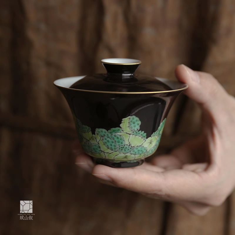 小白茶具//赋山叙采莲子黛墨盖碗两才不烫手泡茶碗景德镇手工茶器