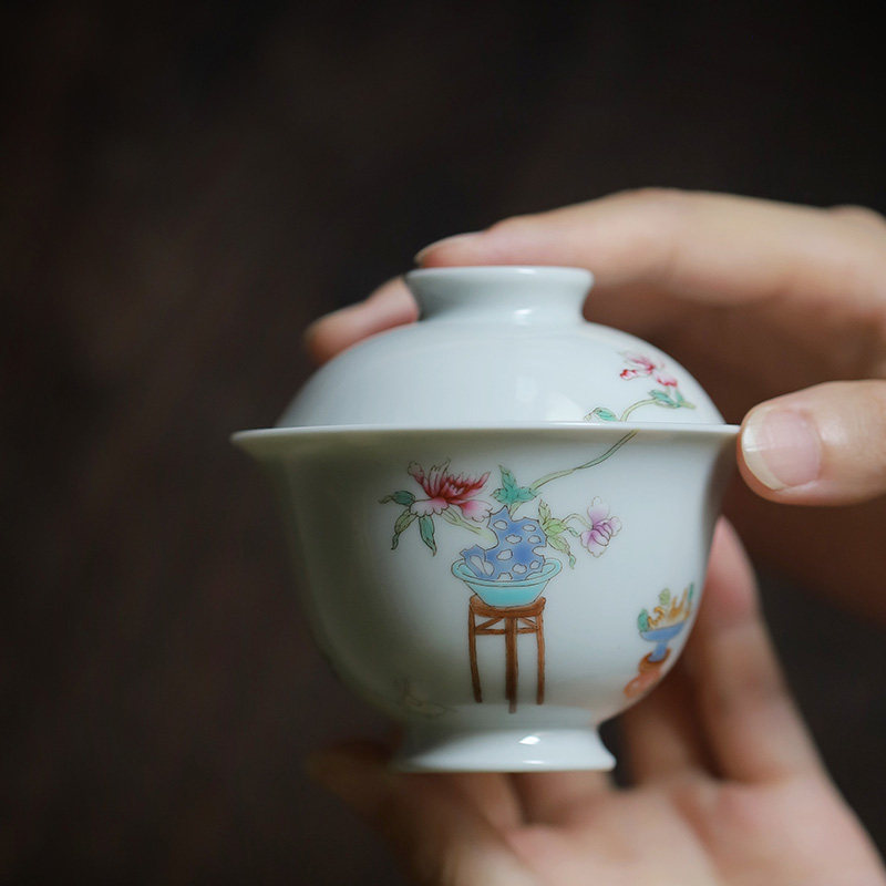 粉彩洞石芙蓉茶碗纯手绘茶器