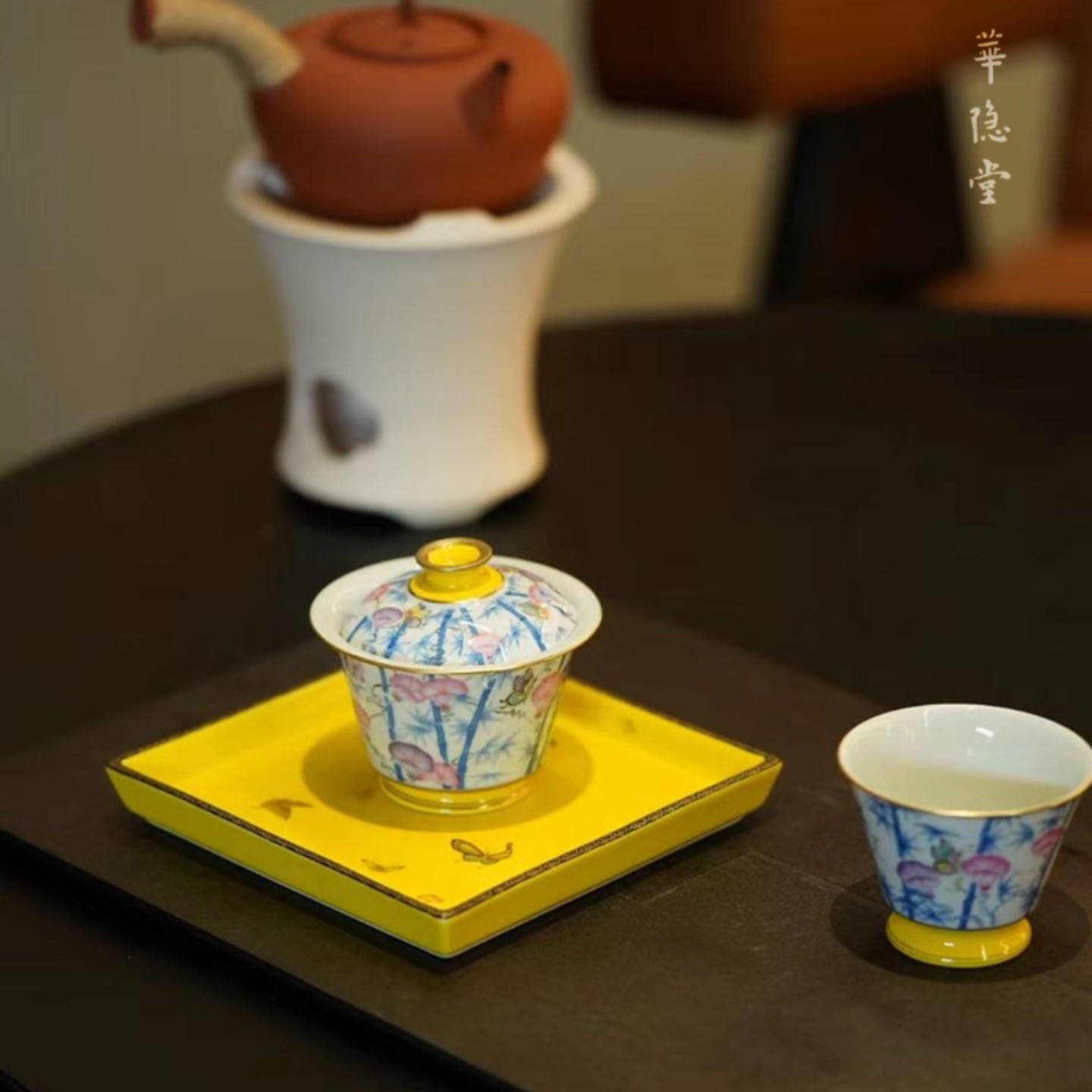 小白茶具//华隐堂盖碗景德镇手绘茶器帝黄青花竹斗彩牵牛花泡茶器