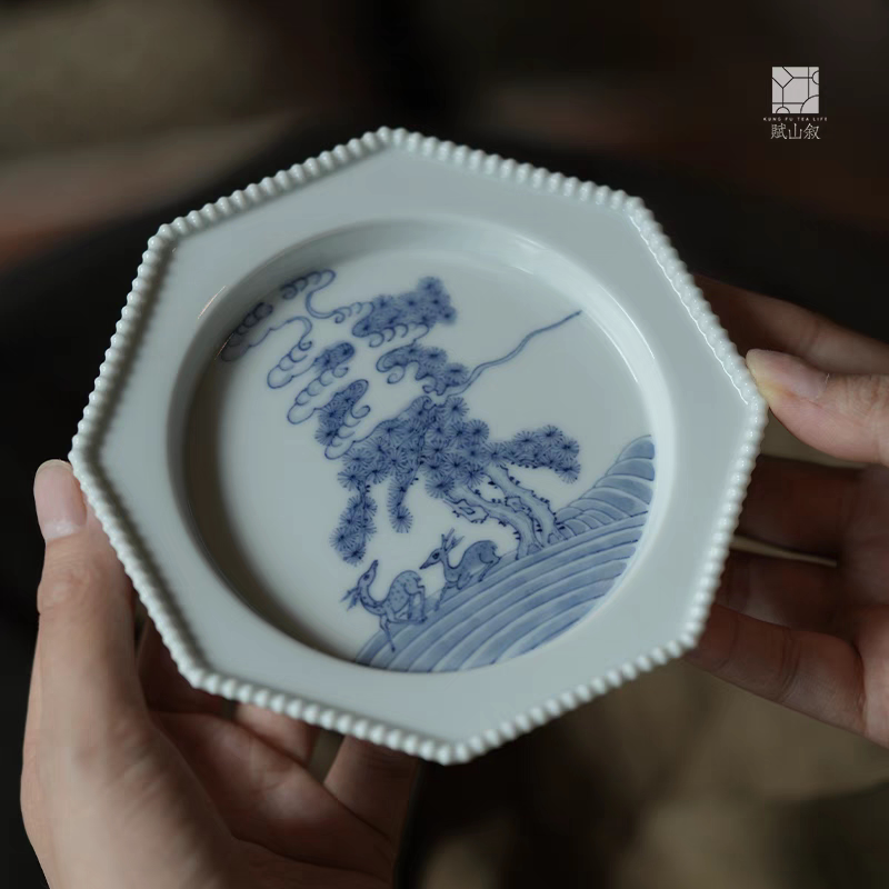 小白茶具//赋山堂青花高山云鹿若深壶承手绘陶瓷壶承八方干泡台