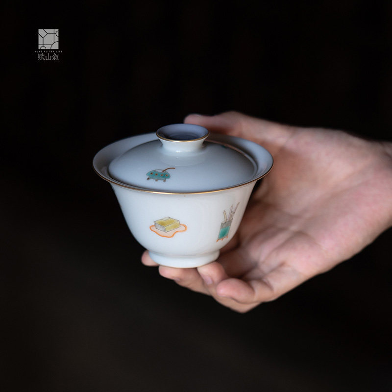 小白茶具//赋山堂青衣紫古彩清供盖碗景德镇手绘仿古泡茶碗陶瓷