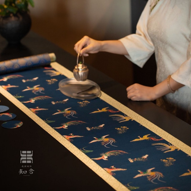 小白茶具//锦缎织锦桌旗中式双层轻奢茶席知舍凤鸣长安茶席套组