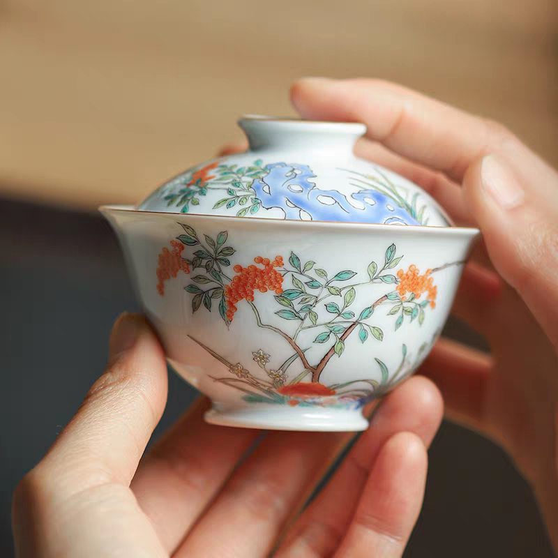 小白茶具//忘言造物粉彩描金锦堂春茶碗景德镇手工手绘小号盖碗
