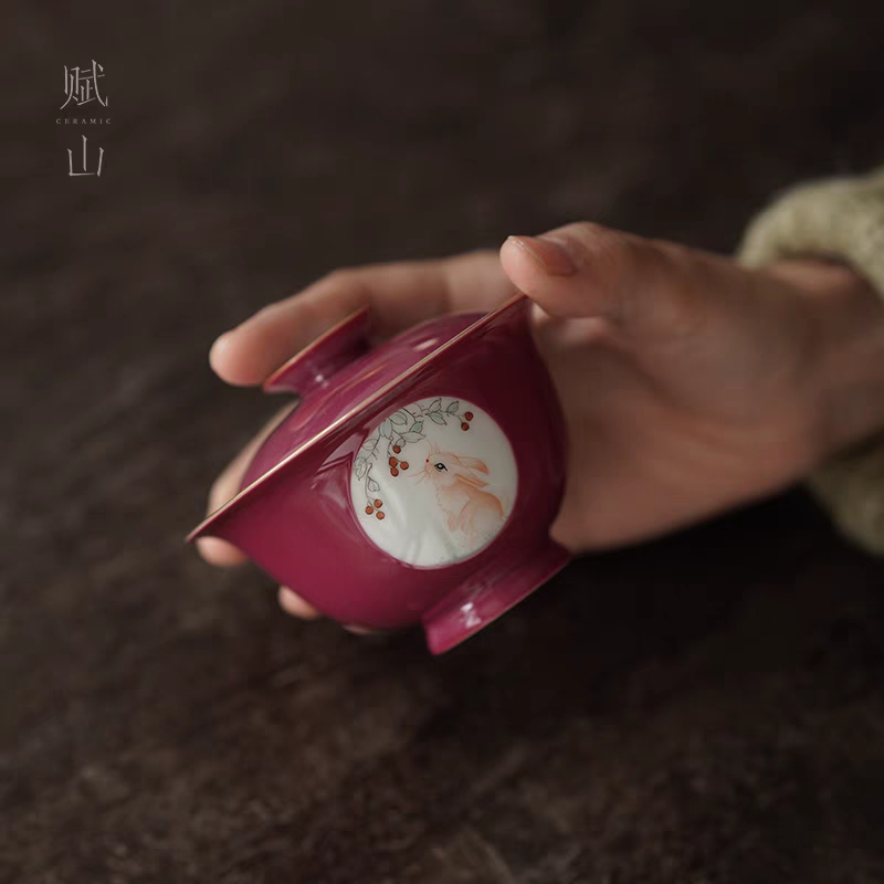 小白茶具//赋山堂胭脂红玉兔盖碗手工手绘两才泡茶碗宽边不烫手款