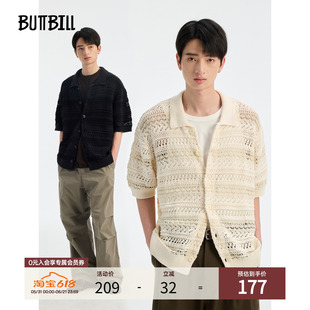 BUTTBILL 复古镂空纹路肌理异纱针织开衫外套慵懒短袖衬衫男情侣