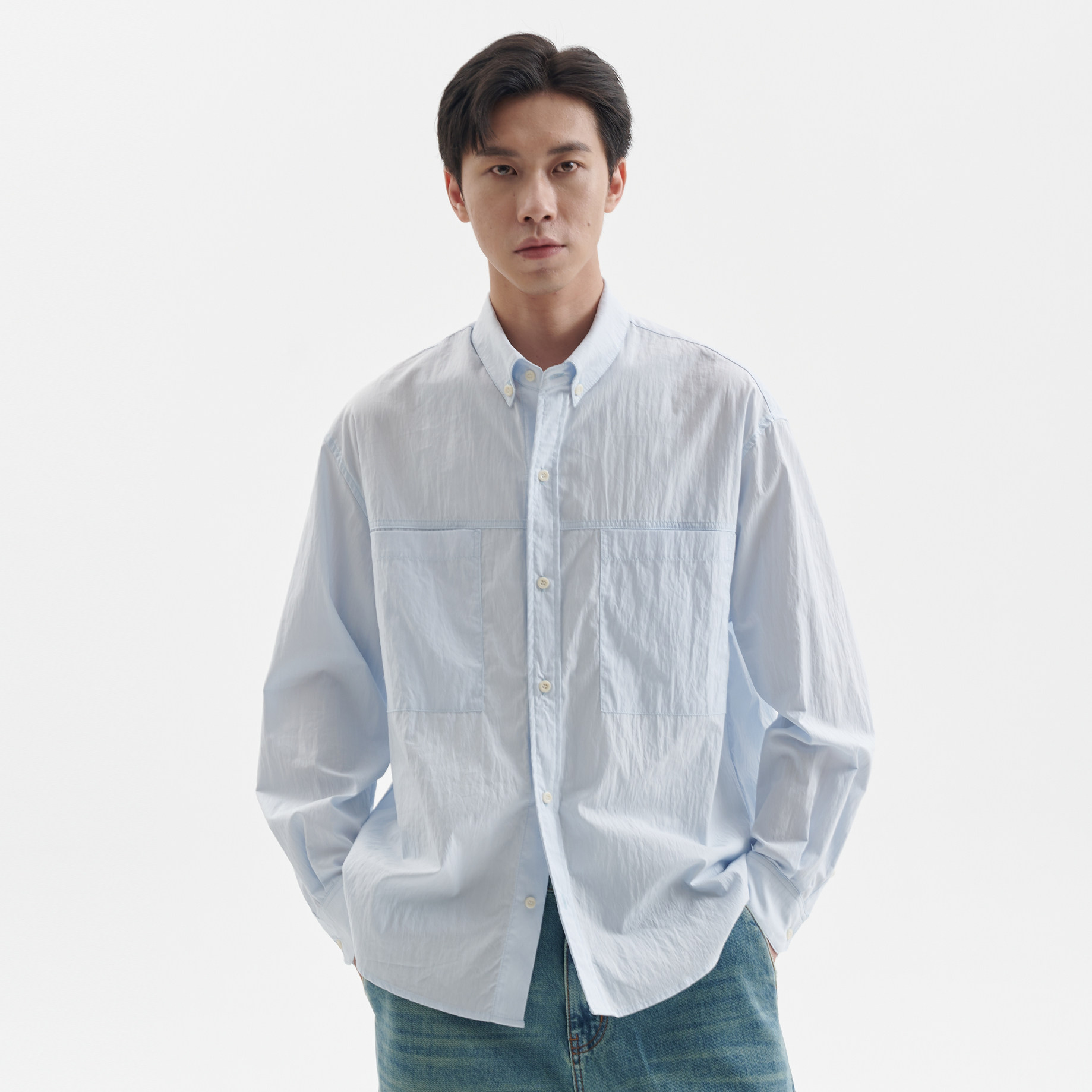 BUTTBILL 25AW棉锦混纺日系休闲复古拼缝长袖衬衫衬衣外套男情侣