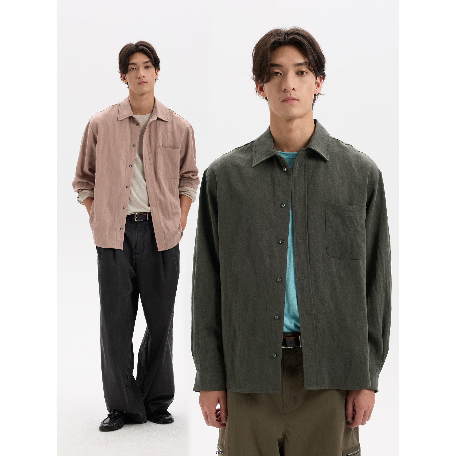 BUTTBILL 都市松弛风绒感通勤宽松翻领口袋春秋长袖休闲衬衫衣服