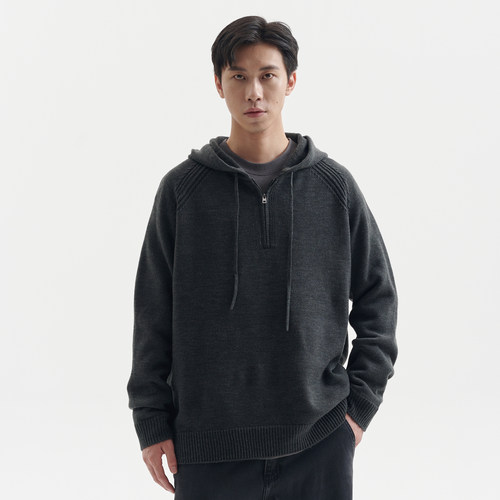BUTTBILL 25AW连帽半门襟针织衫复古通勤休闲简约日系卫衣男外套