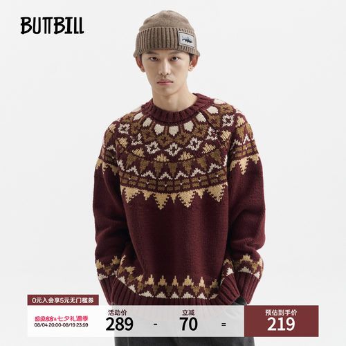 BUTTBILL 25AW圣诞主题费尔岛圆育克提花绵羊毛衣套头针织衫情侣