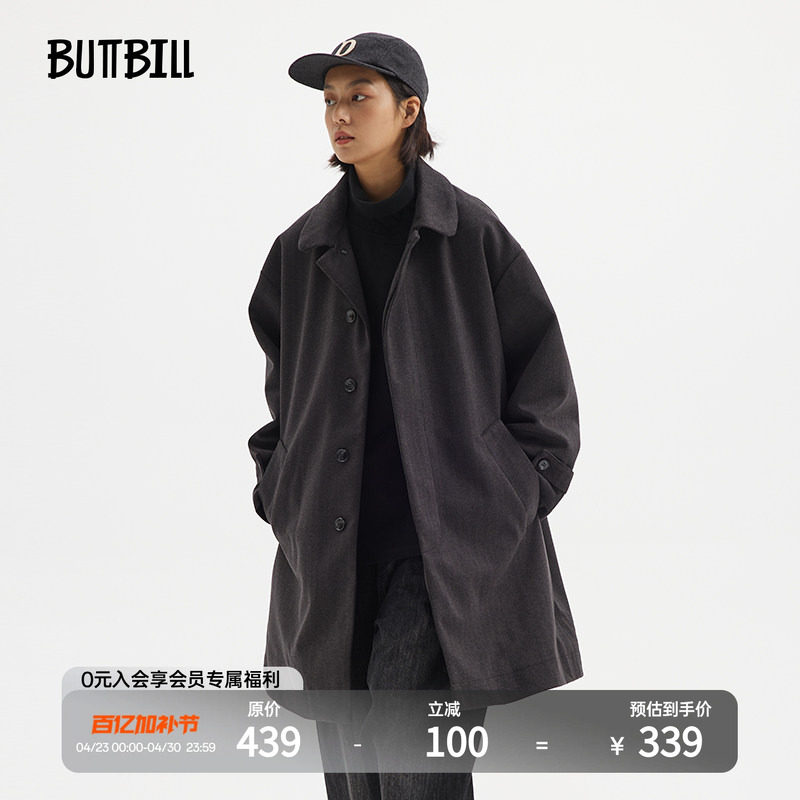 BUTTBILL 日系复古中长款毛呢大衣男女冬季风衣加厚棉服呢子外套