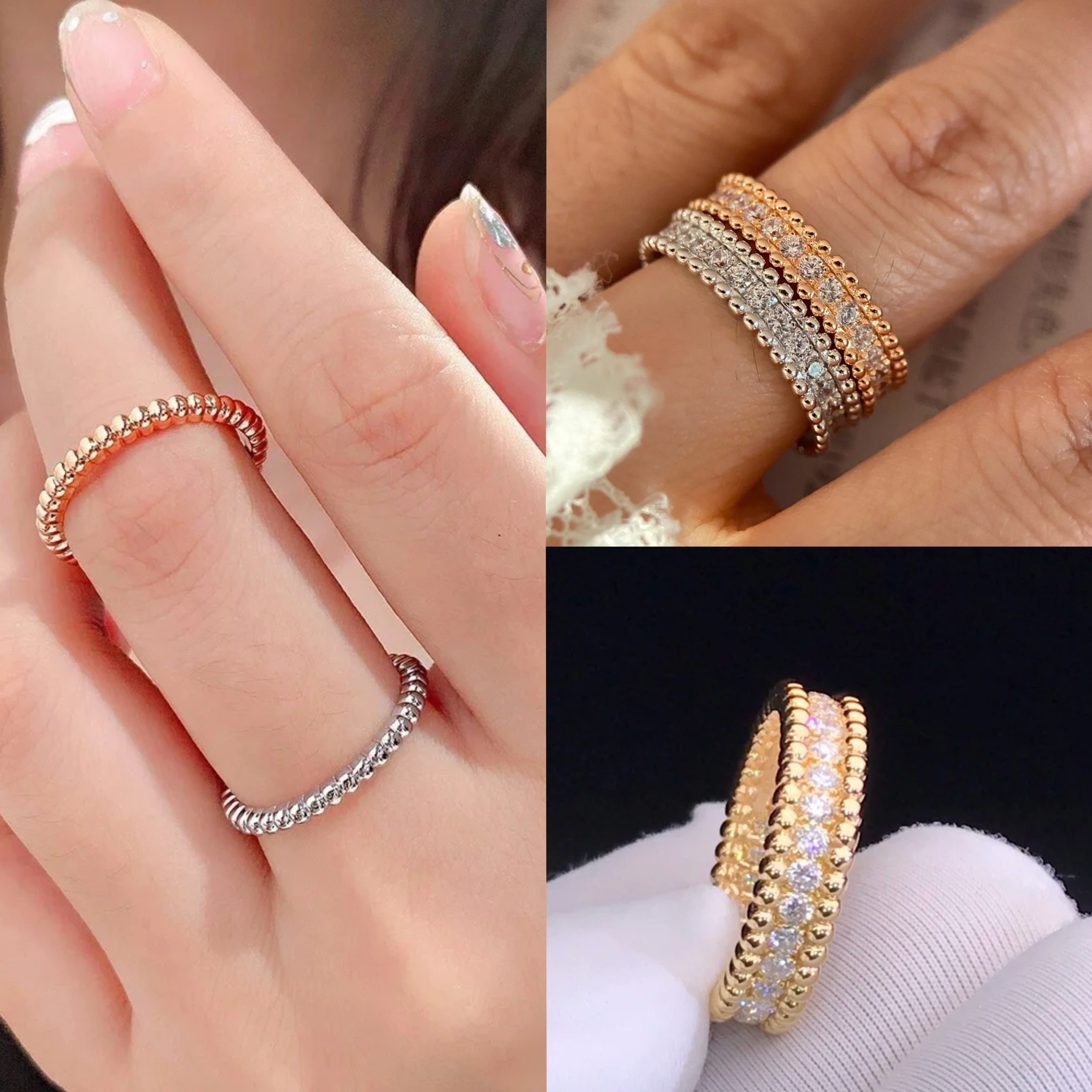 轻奢万花筒四叶草戒指女镀18k玫瑰金珠边满钻排钻满天星经典指环