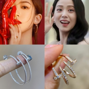 新款钉子耳环女银镀18K玫瑰金王嘉尔同款百搭满钻耳饰耳钉耳圈男