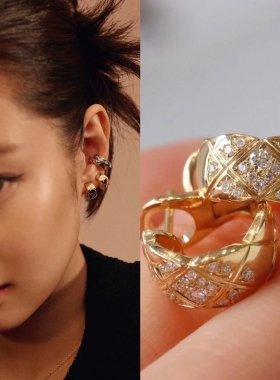 Jennie同款耳环金智妮朴敏英金裕贞菱形格纹耳夹小香风轻奢高级气