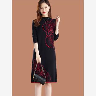 宽松休闲印花打底裙女 气质长裙半高领羊毛衫 2025秋冬新款 高端大码