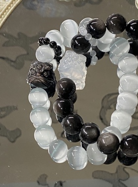 天然银曜石白猫眼醒狮手串闺蜜款情侣款送闺蜜送女友送男友礼物