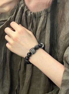 黑曜石手串银曜石男女手链男醒狮一对情侣款转运珠招财送男友礼物