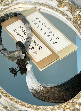 天然金丝玉渐变水墨丹青系列半山半水手持莲花老型珠桶珠佛珠中式