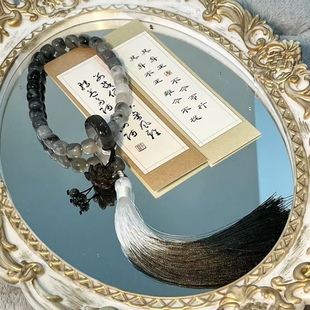 天然金丝玉渐变水墨丹青系列半山半水手持莲花老型珠桶珠佛珠中式