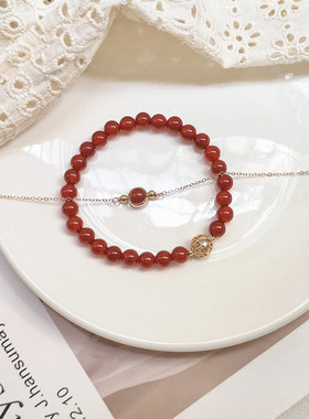 天然红玛瑙手链女款14k包金简约喜庆手串小众饰品本命年礼物