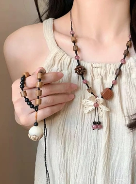 复古新中式花朵串珠项链国风木珠编织长款编绳锁骨链女高级感颈链