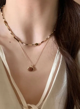 小众复古虎眼石串珠叠戴项链女美拉德个性独特时尚百搭颈链毛衣链