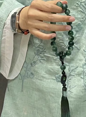 天然水草飘花玉髓手持新中式佛珠古国风墨绿色手串汉服装饰绕指柔