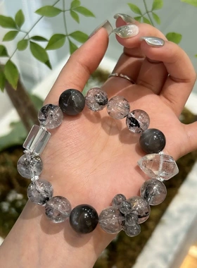 巧恩天然黑月光闪灵钻黑发晶手链女生大颗粒个性小众水晶串珠