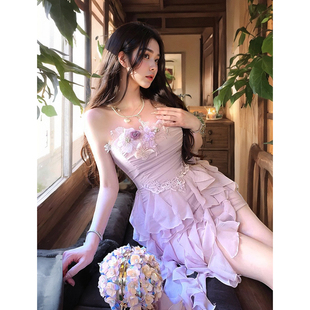 梦幻多洛塔~立体花朵装饰蕾丝拼接荷叶边收腰不规则裙摆仙女短裙