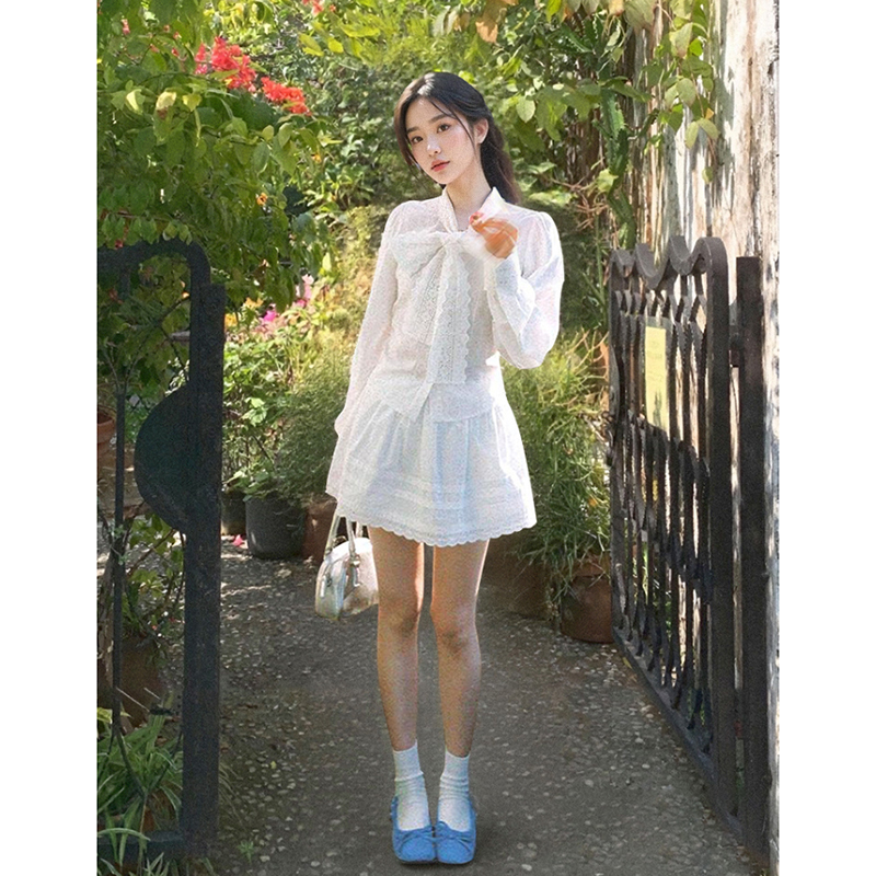 2025年新款法式优雅气质蝴蝶结飘带白色蕾丝长袖衬衫半身裙套装女