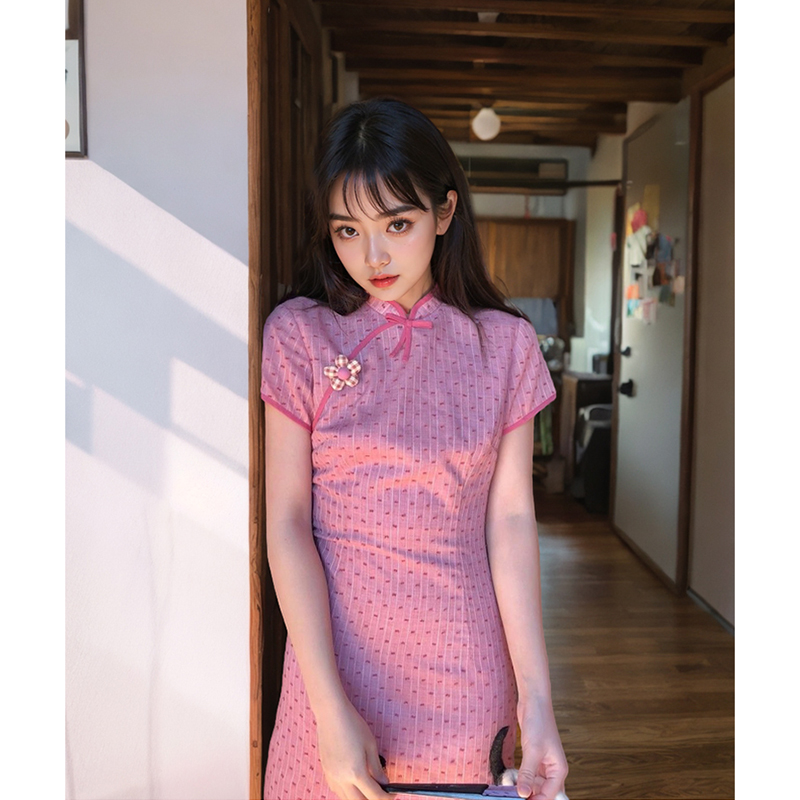 小个子甜美少女感粉色新中式旗袍裙春夏季日常国风收腰显瘦连衣裙