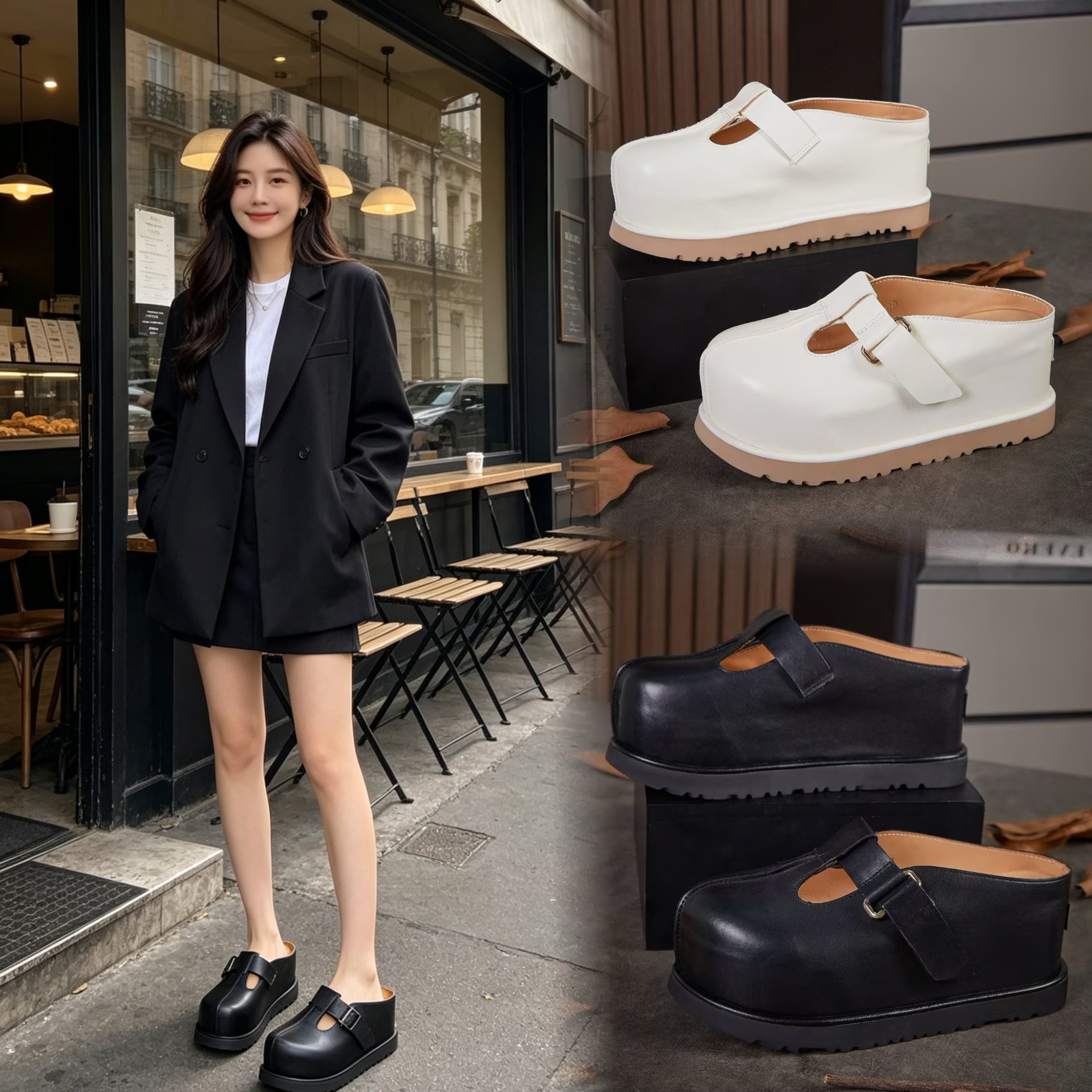 2026新款真皮勃肯鞋女复古一字扣厚底包头拖软底半拖鞋懒人穆勒鞋