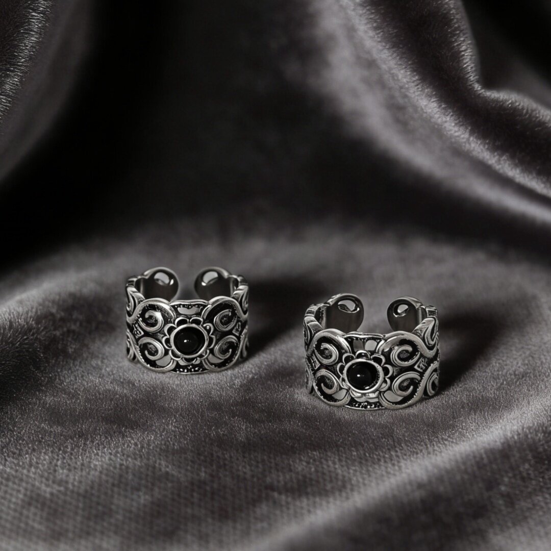 Domy Land复古雕花银戒指古典黑珍珠黑宝石开口戒指民族风精致