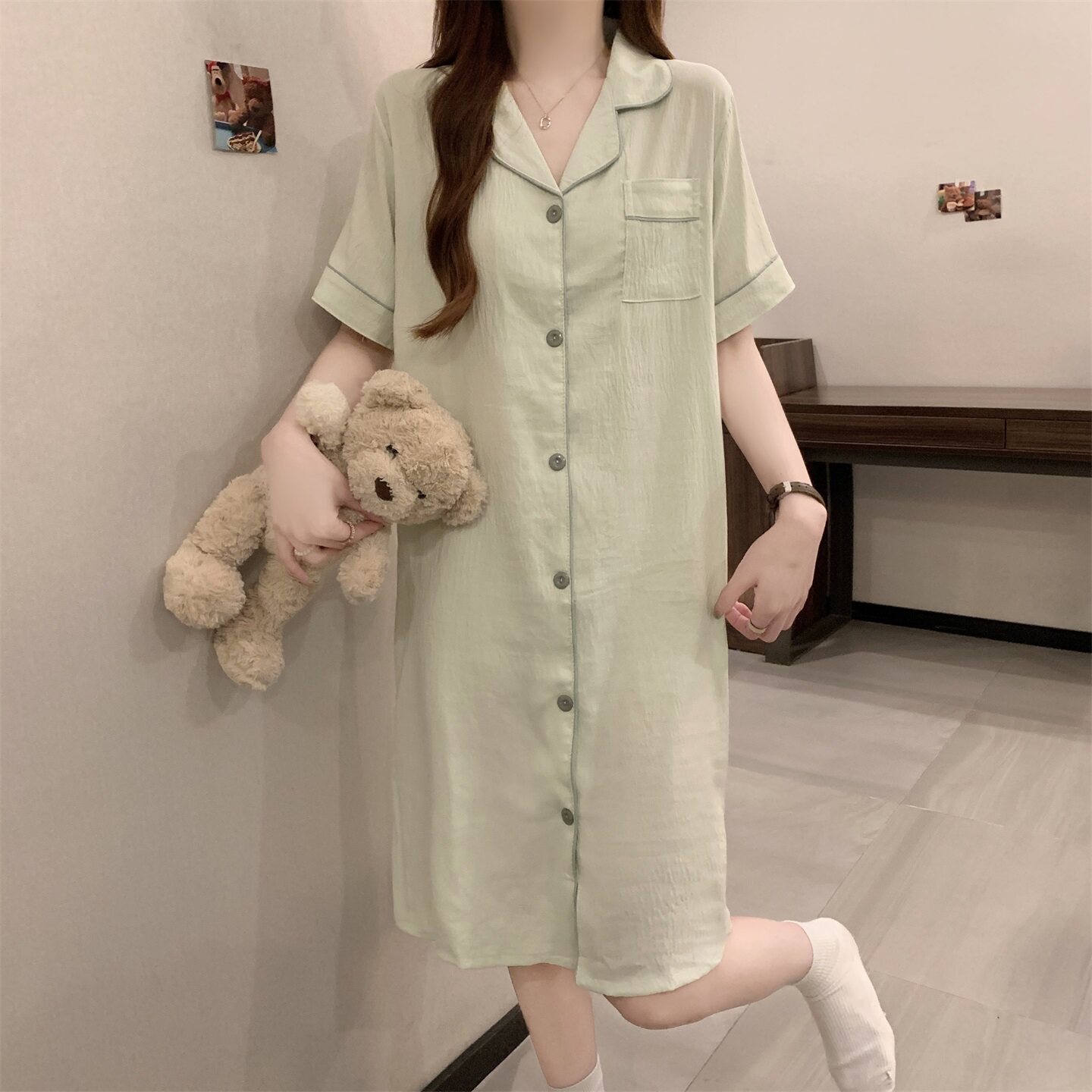 2026新款短袖睡裙女夏季开衫睡衣裙中长款马卡龙色简约家居服柔软图片