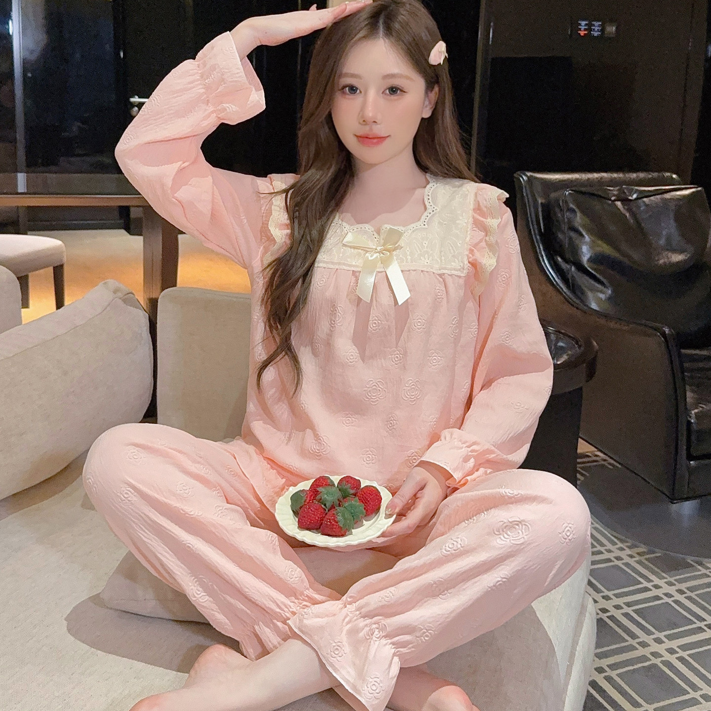 公主风睡衣女秋天长袖方领蕾丝花边粉色提花甜美家居服套装春秋季