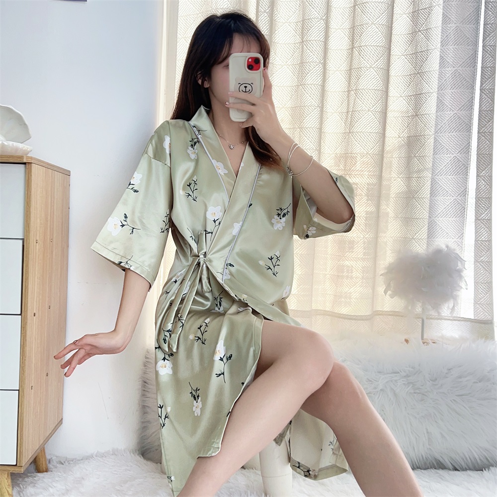 薄款夏季睡衣宽松冰丝绸浴袍性感