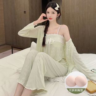淡绿色古风睡衣女生抹胸吊带胸垫长袖长裤三件套装春秋新款家居服