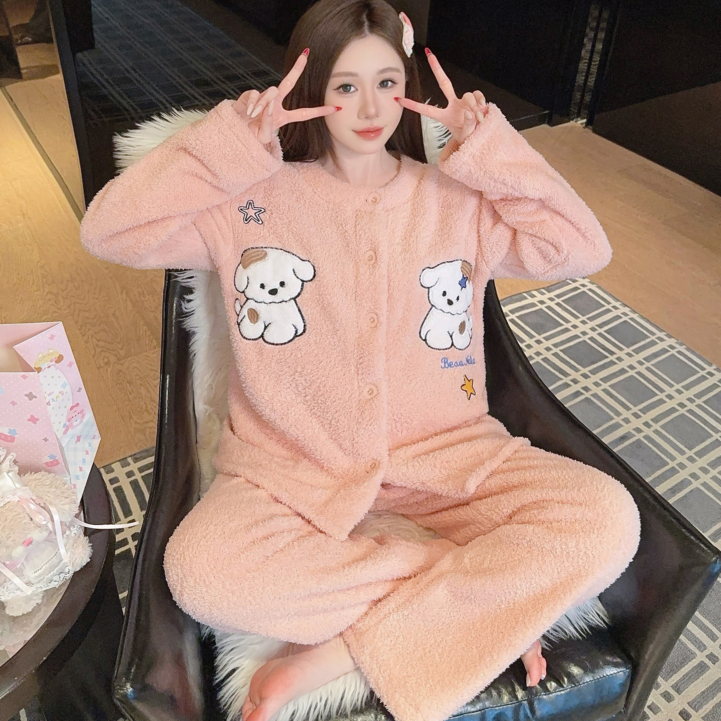 半边绒睡衣女秋冬加厚绒保暖胖MM大码粉色开衫可爱小狗家居服套装